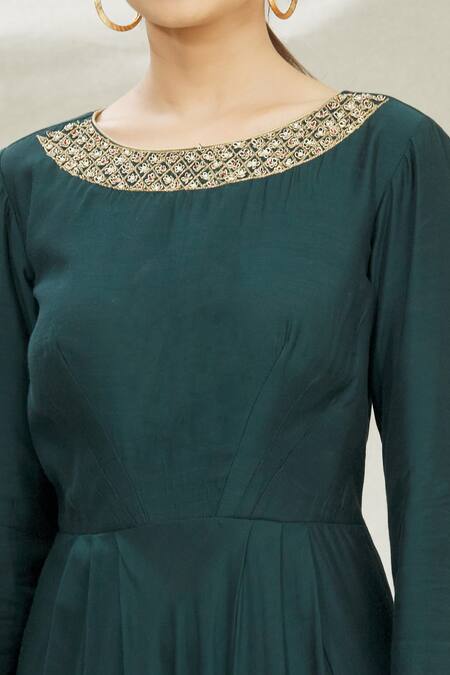 Divya Kanakia_Green Dupatta Patola Pearl, Patola, Zardozi Round Neck Anarkali With Print _at_Aza_Fashions