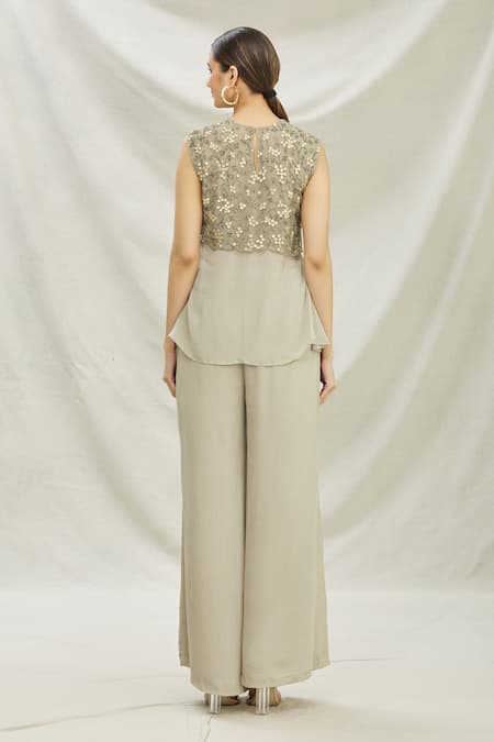 Shop_Divya Kanakia_Grey Satin Sequins, Glass Pipe Round Neck Embellished Top And Flared Pant Set _at_Aza_Fashions
