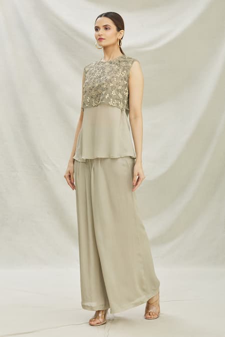 Buy_Divya Kanakia_Grey Satin Sequins, Glass Pipe Round Neck Embellished Top And Flared Pant Set _Online_at_Aza_Fashions