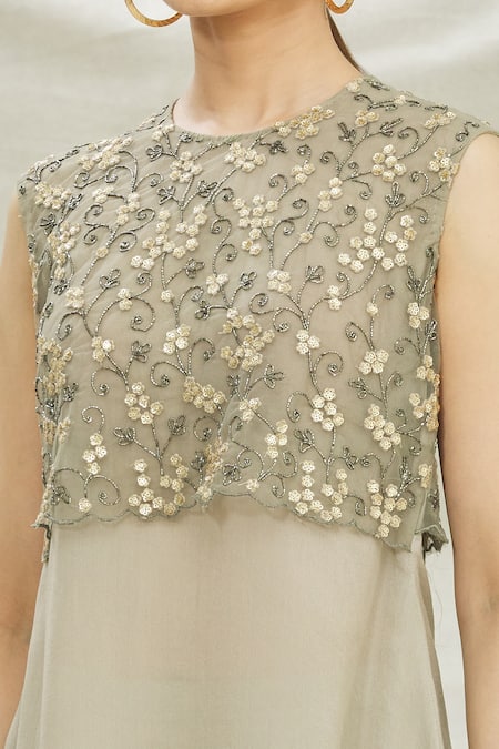 Shop_Divya Kanakia_Grey Satin Sequins, Glass Pipe Round Neck Embellished Top And Flared Pant Set _Online_at_Aza_Fashions