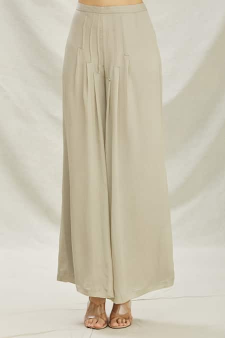 Divya Kanakia_Grey Satin Sequins, Glass Pipe Round Neck Embellished Top And Flared Pant Set _at_Aza_Fashions
