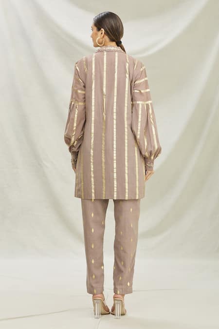 Shop Divya Kanakia Brown Cotton Sequins Notchel Lapel Collar Embellished Kurta And Pant Set at Aza Fashions Shop_Divya Kanakia_Brown Cotton Sequins Notchel Lapel Collar Embellished Kurta And Pant Set _at_Aza_Fashions