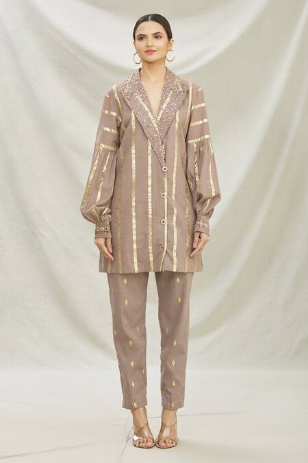 Divya Kanakia Brown Cotton Sequins Notchel Lapel Collar Embellished Kurta And Pant Set Online at Aza Fashions Divya Kanakia_Brown Cotton Sequins Notchel Lapel Collar Embellished Kurta And Pant Set _Online_at_Aza_Fashions