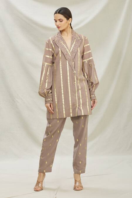 Buy Divya Kanakia Brown Cotton Sequins Notchel Lapel Collar Embellished Kurta And Pant Set Online at Aza Fashions Buy_Divya Kanakia_Brown Cotton Sequins Notchel Lapel Collar Embellished Kurta And Pant Set _Online_at_Aza_Fashions