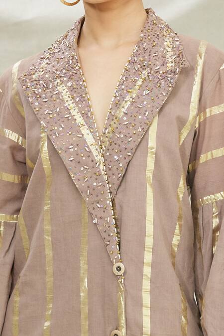 Shop Divya Kanakia Brown Cotton Sequins Notchel Lapel Collar Embellished Kurta And Pant Set Online at Aza Fashions Shop_Divya Kanakia_Brown Cotton Sequins Notchel Lapel Collar Embellished Kurta And Pant Set _Online_at_Aza_Fashions