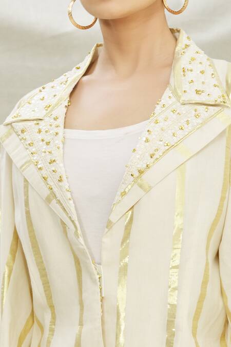 Shop_Divya Kanakia_White Cotton Sequins Notchel Lapel Collar Embellished Kurta And Pant Set _Online_at_Aza_Fashions