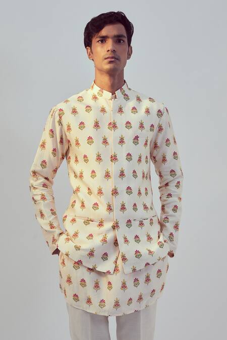 Drishti & Zahabia_White Kurta And Bundi Modal  Pant Chanderi Digital Print & Set_Online_at_Aza_Fashions