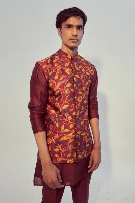 Shop_Drishti & Zahabia_Maroon Kurta And Pant Chanderi  Bundi Modal Digital Print & Set _at_Aza_Fashions