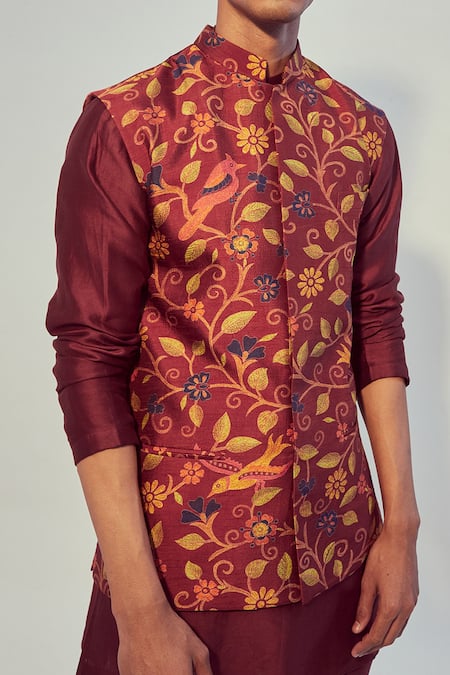 Drishti & Zahabia_Maroon Kurta And Pant Chanderi  Bundi Modal Digital Print & Set _Online_at_Aza_Fashions