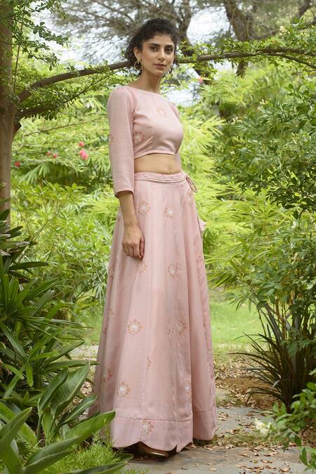 Pasha India_Pink Linen Printed Floral Motifs Boat Neck Lehenga With Blouse_Online_at_Aza_Fashions