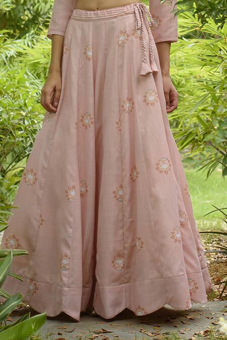 Shop_Pasha India_Pink Linen Printed Floral Motifs Boat Neck Lehenga With Blouse_Online_at_Aza_Fashions