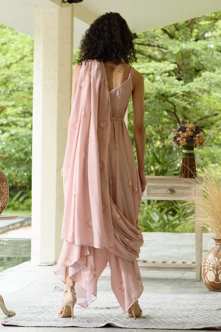 Shop_Pasha India_Pink Linen Floral Motifs V Neck Printed Jumpsuit With Detachable Dupatta _at_Aza_Fashions