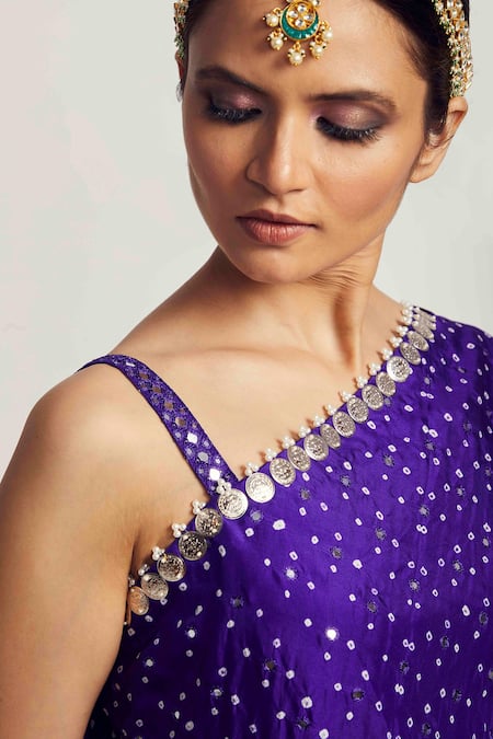 Pink City By Sarika Purple Silk Bandhani Print, Mirror And Beads One Shoulder Cape & Sharara Set Online at Aza Fashions Pink City By Sarika_Purple Silk Bandhani Print, Mirror And Beads One Shoulder Cape & Sharara Set _Online_at_Aza_Fashions