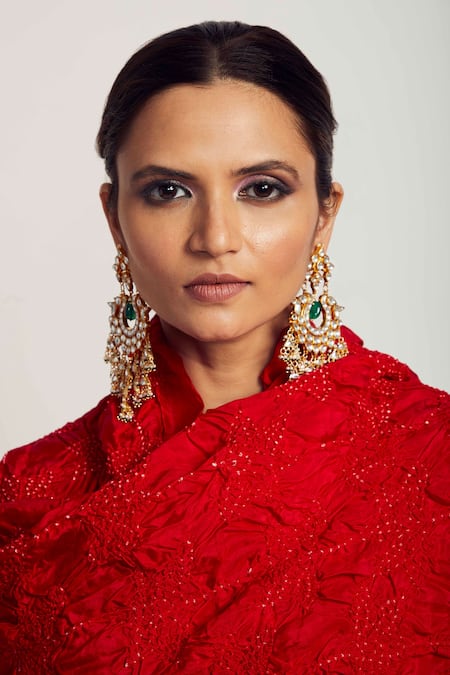 Pink City By Sarika Red Chanderi And Thread & Pearl Notched Kurta Pant Set Online at Aza Fashions Pink City By Sarika_Red Chanderi And Thread & Pearl Notched Kurta Pant Set _Online_at_Aza_Fashions