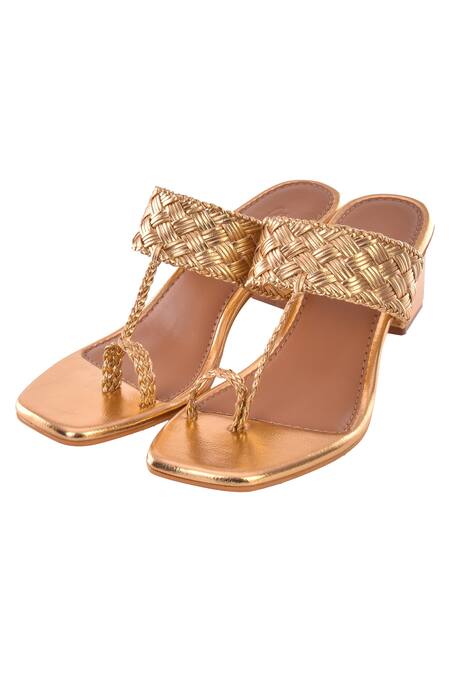 Sole House_Gold Woven Kolhapuri Heels _Online_at_Aza_Fashions