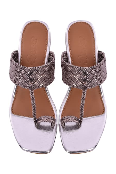 Shop_SOLE HOUSE_Silver Woven Kolhapuri Heels _at_Aza_Fashions
