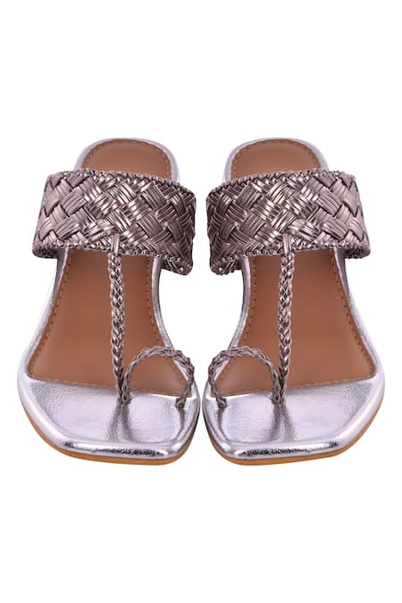SOLE HOUSE_Silver Woven Kolhapuri Heels _Online_at_Aza_Fashions