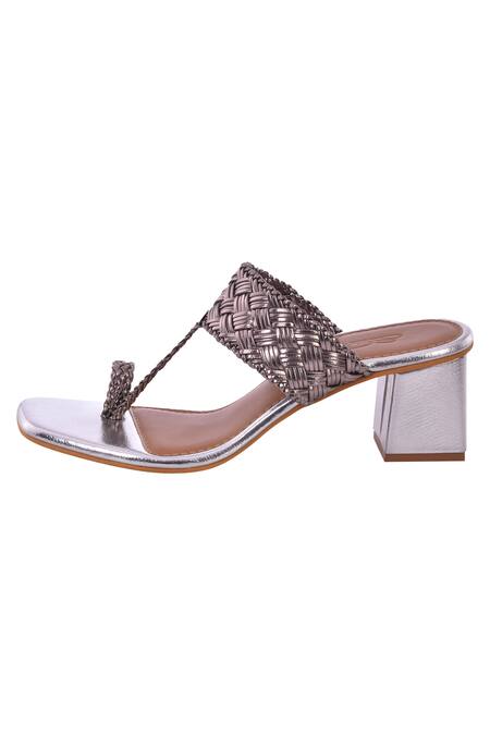 Shop_SOLE HOUSE_Silver Woven Kolhapuri Heels _Online_at_Aza_Fashions