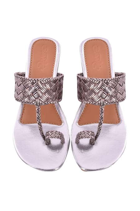 Shop_SOLE HOUSE_Silver Woven Kolhapuri Flats _at_Aza_Fashions