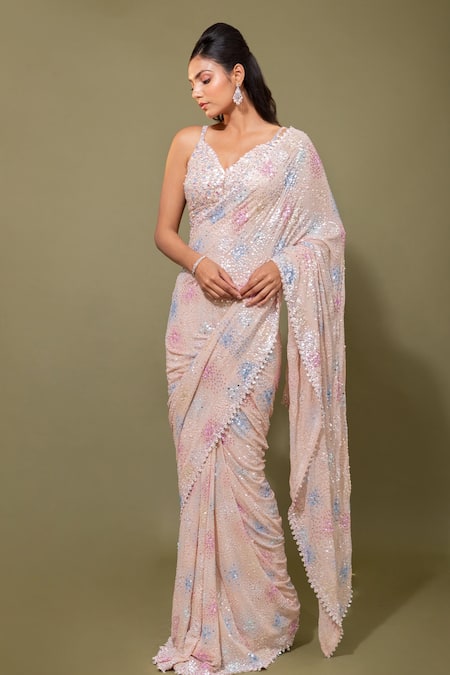 Buy Rouje Peach Sequin Embellished Saree With Blouse Online | Aza Fashions