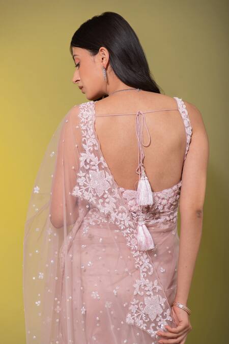 Shop_Rouje_Pink Tulle Sequin Embellished Saree With Blouse_Online_at_Aza_Fashions