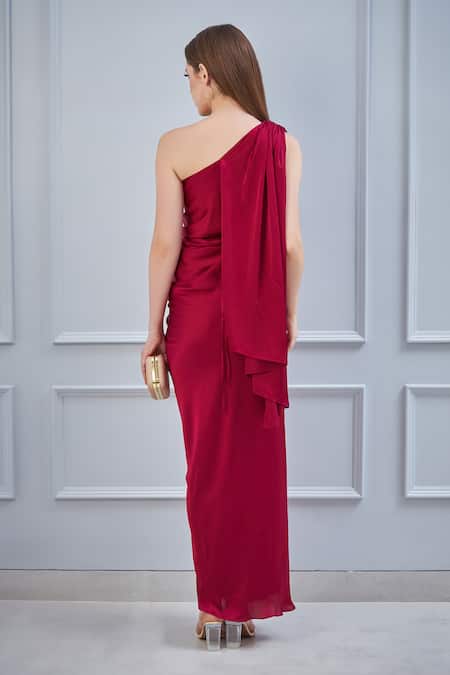 Shop_NA-KA_Maroon Satin One Shoulder Gown _at_Aza_Fashions