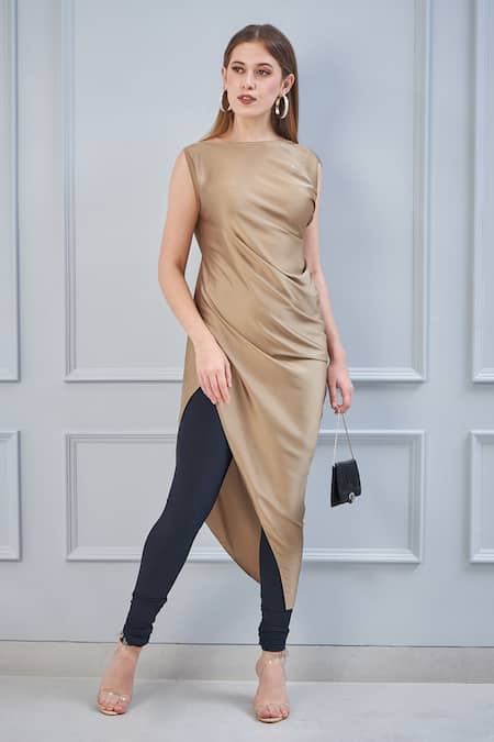 Buy_NA-KA_Gold Satin Boat Asymmetric Top_Online_at_Aza_Fashions