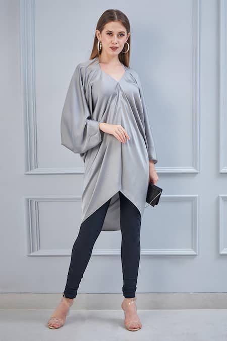 NA-KA_Grey Satin V Neck Draped Top_Online_at_Aza_Fashions