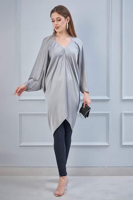 Buy_NA-KA_Grey Satin V Neck Draped Top_Online_at_Aza_Fashions