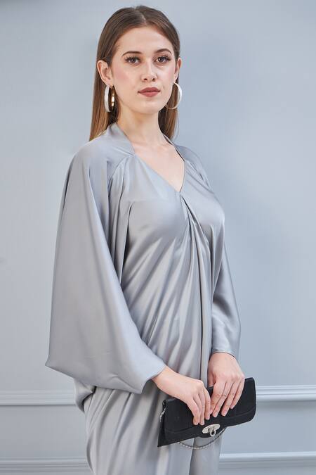 Shop_NA-KA_Grey Satin V Neck Draped Top_Online_at_Aza_Fashions