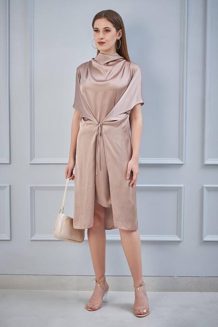 Buy_NA-KA_Beige Satin High Draped Dress _Online_at_Aza_Fashions