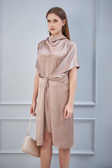 Shop_NA-KA_Beige Satin High Draped Dress _Online_at_Aza_Fashions