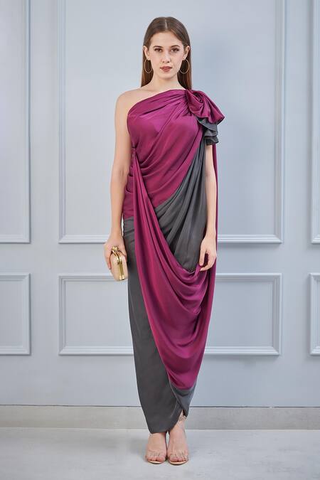 NA-KA_Purple Satin One Shoulder Gown _Online_at_Aza_Fashions