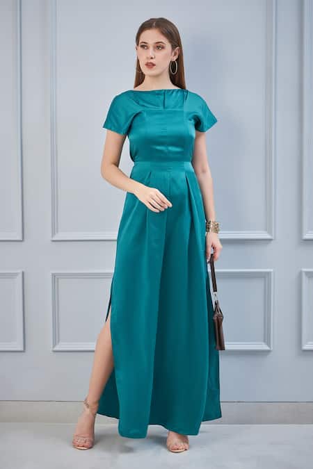 NA-KA_Green Moss Satin Boat Pleated Gown_Online_at_Aza_Fashions