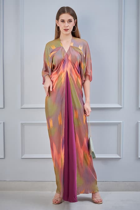 NA-KA_Purple Satin Abstract V Neck Printed Gown_Online_at_Aza_Fashions