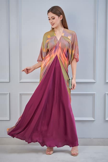 Buy_NA-KA_Purple Satin Abstract V Neck Printed Gown_Online_at_Aza_Fashions