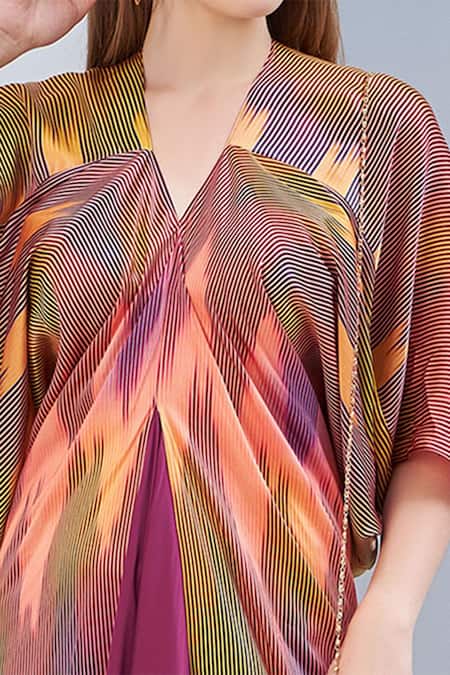 NA-KA_Purple Satin Abstract V Neck Printed Gown_at_Aza_Fashions