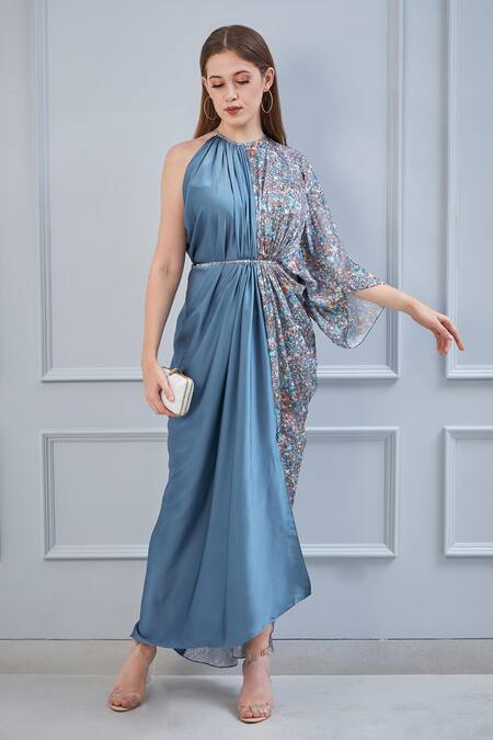 NA-KA_Grey Crepe And Satin Digital Print Round Gown_Online_at_Aza_Fashions