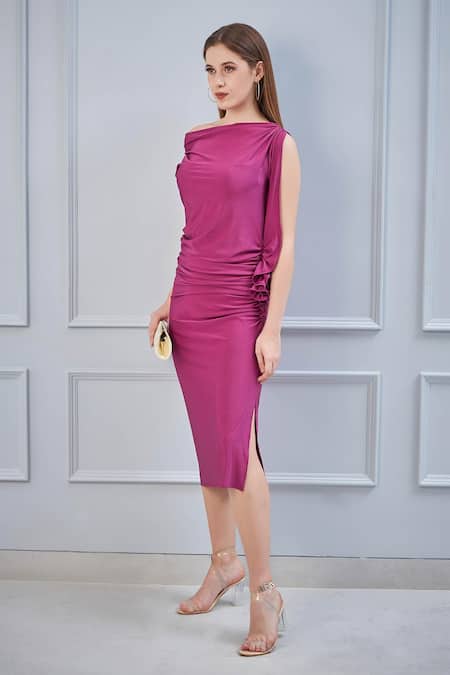 NA-KA_Pink Lycra One Shoulder Pencil Dress_Online_at_Aza_Fashions