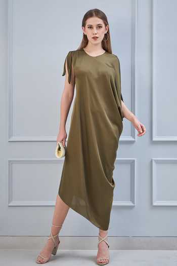 NA-KA_Green Satin Round Draped Dress _Online_at_Aza_Fashions