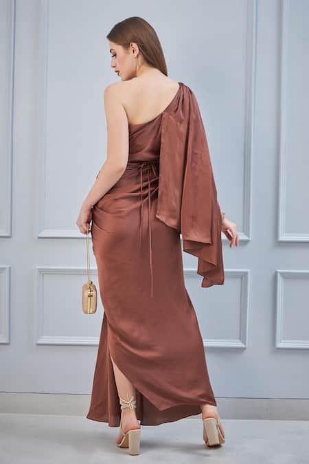 Shop_NA-KA_Brown Satin One Shoulder Draped Gown _at_Aza_Fashions