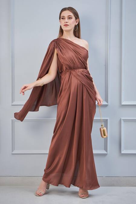 NA-KA_Brown Satin One Shoulder Draped Gown _Online_at_Aza_Fashions