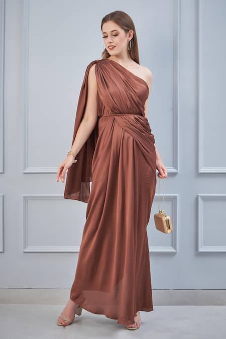 Buy_NA-KA_Brown Satin One Shoulder Draped Gown _Online_at_Aza_Fashions