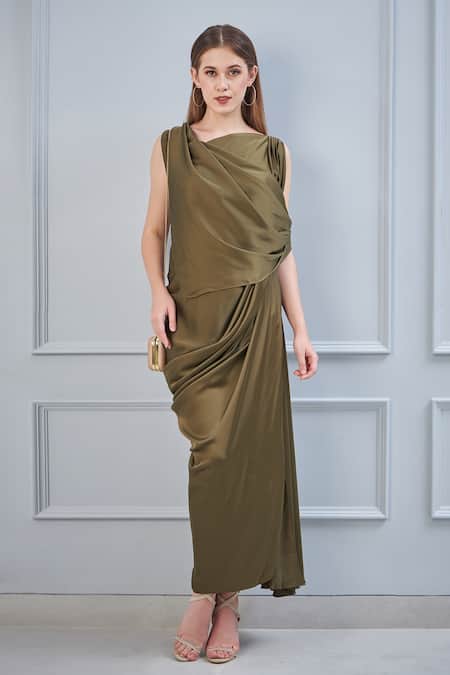 NA-KA Satin Draped Gown With Scarf 