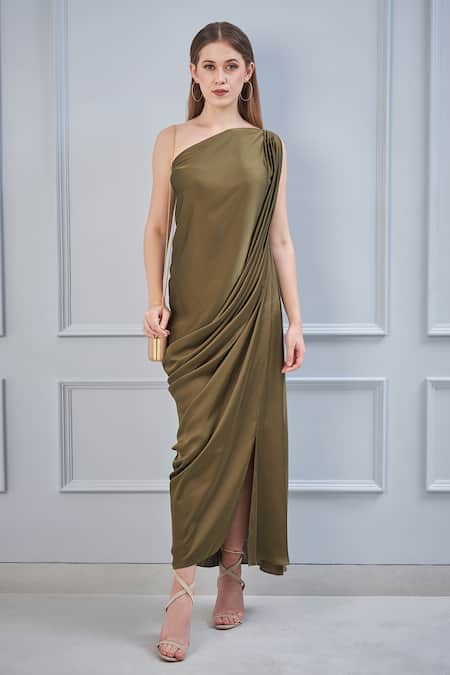 NA-KA_Green Satin One Shoulder Draped Gown With Scarf_Online_at_Aza_Fashions