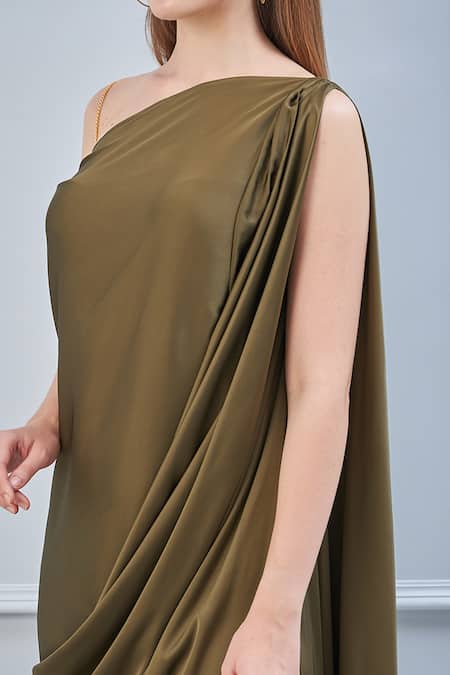 Buy_NA-KA_Green Satin One Shoulder Draped Gown With Scarf_Online_at_Aza_Fashions