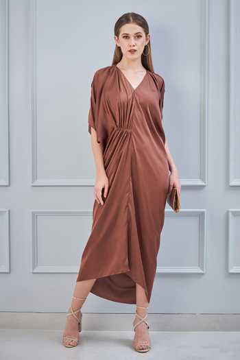 NA-KA Brown Satin V Neck Draped Dress Online at Aza Fashions NA-KA_Brown Satin V Neck Draped Dress _Online_at_Aza_Fashions