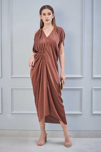 Buy NA-KA Brown Satin V Neck Draped Dress Online at Aza Fashions Buy_NA-KA_Brown Satin V Neck Draped Dress _Online_at_Aza_Fashions