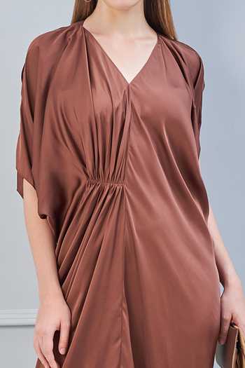Shop NA-KA Brown Satin V Neck Draped Dress Online at Aza Fashions Shop_NA-KA_Brown Satin V Neck Draped Dress _Online_at_Aza_Fashions