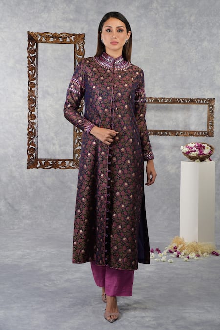 Talking Threads_Purple Indira Jacket With Pant Set_Online_at_Aza_Fashions